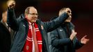 Football: Prince Albert of Monaco celebrates at the end of the match