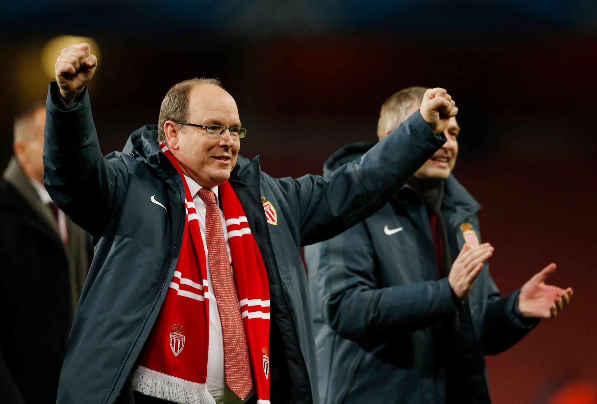 Football: Prince Albert of Monaco celebrates at the end of the match