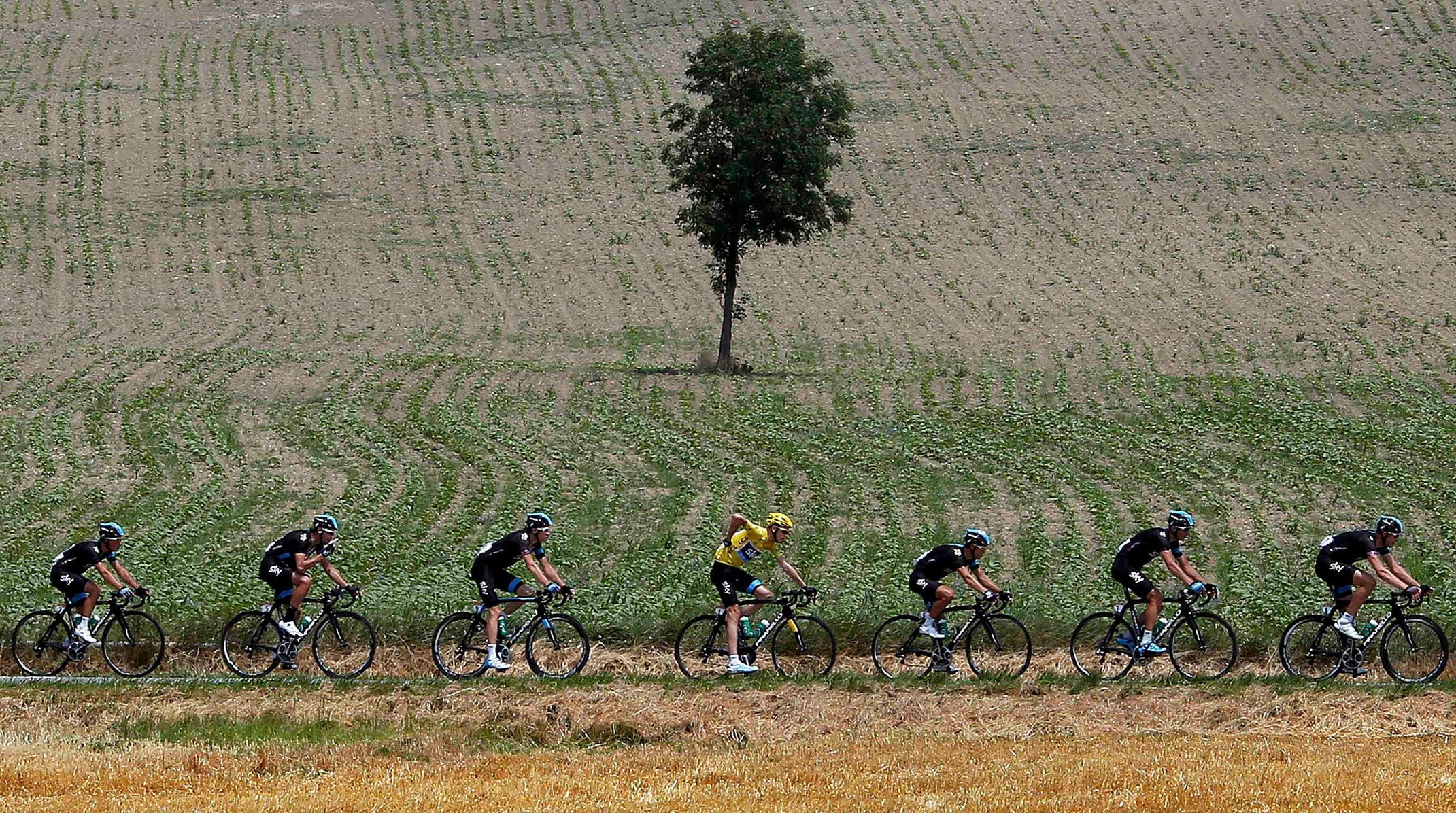 The pack of riders cycles during the 242.5 km fifteenth stag