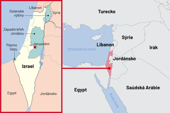 Mapa ukazuje stát Izrael, palestinská území a sousední státy Izraele.