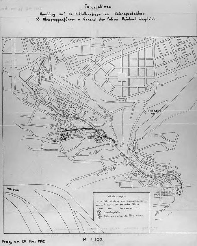 Náčrt místa činu. Atentát na p. zastupujícího říšského protektora, obergruppenführera SS a generála policie Reinharda Heydricha. Měřítko 1 : 500. Praha, 28. května 1942.
