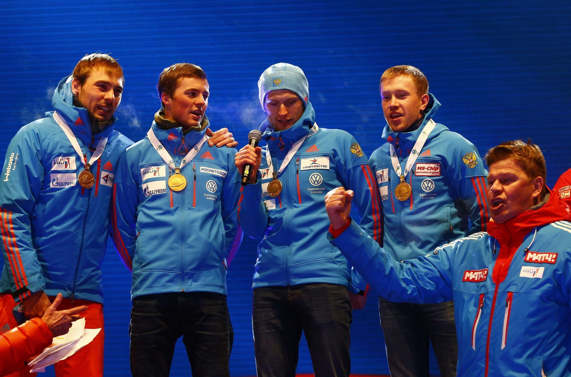 Ruská štafeta na medailovém ceremoniálu na MS 2017 (Volkov, Cvetkov, Babikov, Šipulin)