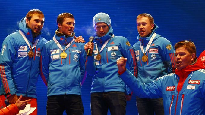Ruská mužská štafeta na letošním mistrovství světa v biatlonu.