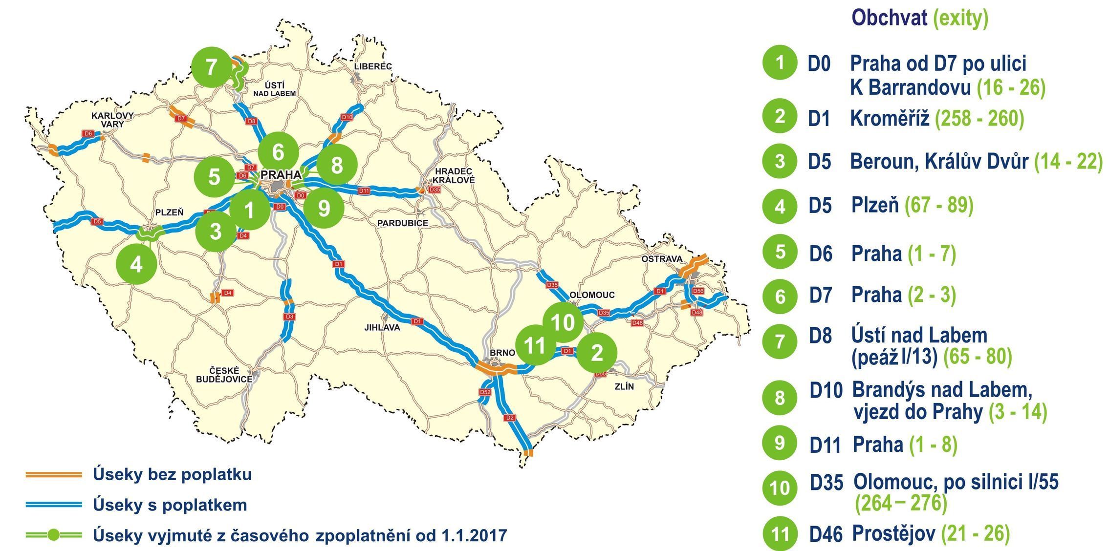 Úseky českých dálnic bez poplatku 2017