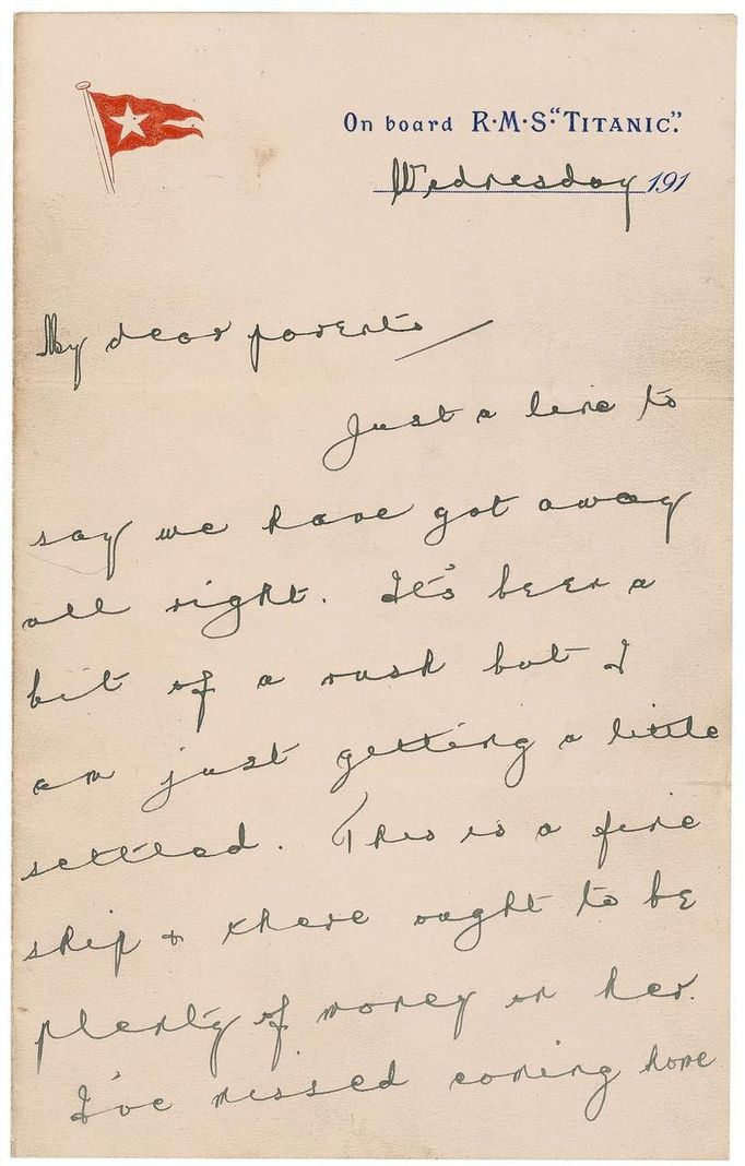 Dopis, který napsal Wallace Hartley, anglický houslista, který spolu s dalšími sedmi členy svého orchestru hrál na Titaniku, i když se začal potápět.