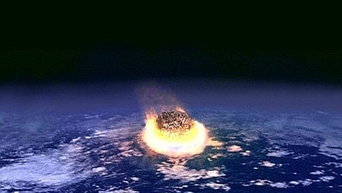 Kresba meteoritu, dopadajícího před 65 miliony lety na Zemi.