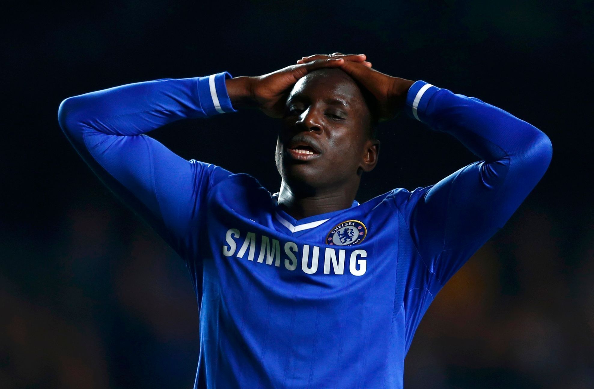 Chelsea's Demba Ba reacts during their team's Champions League semi-final second leg soccer match against Atletico Madrid at Stamford Bridge Stadium in London