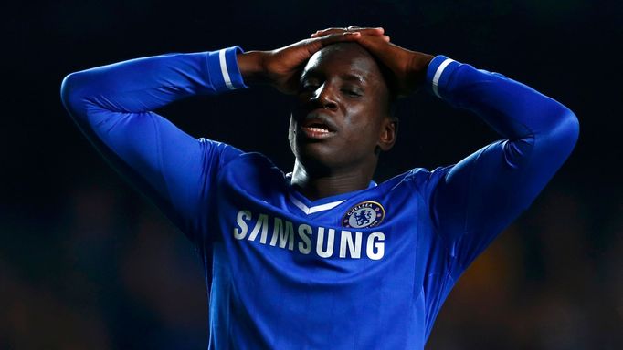 Chelsea's Demba Ba reacts during their team's Champions League semi-final second leg soccer match against Atletico Madrid at Stamford Bridge Stadium in London April 30, 2