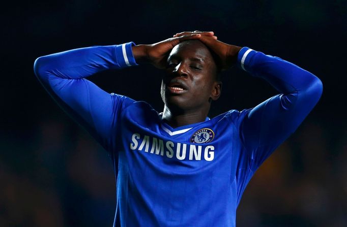 Chelsea's Demba Ba reacts during their team's Champions League semi-final second leg soccer match against Atletico Madrid at Stamford Bridge Stadium in London April 30, 2