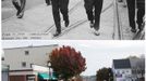 A combination photo shows former U.S. President John F. Kennedy marching in a 1950 parade and the same spot today in Massachusetts