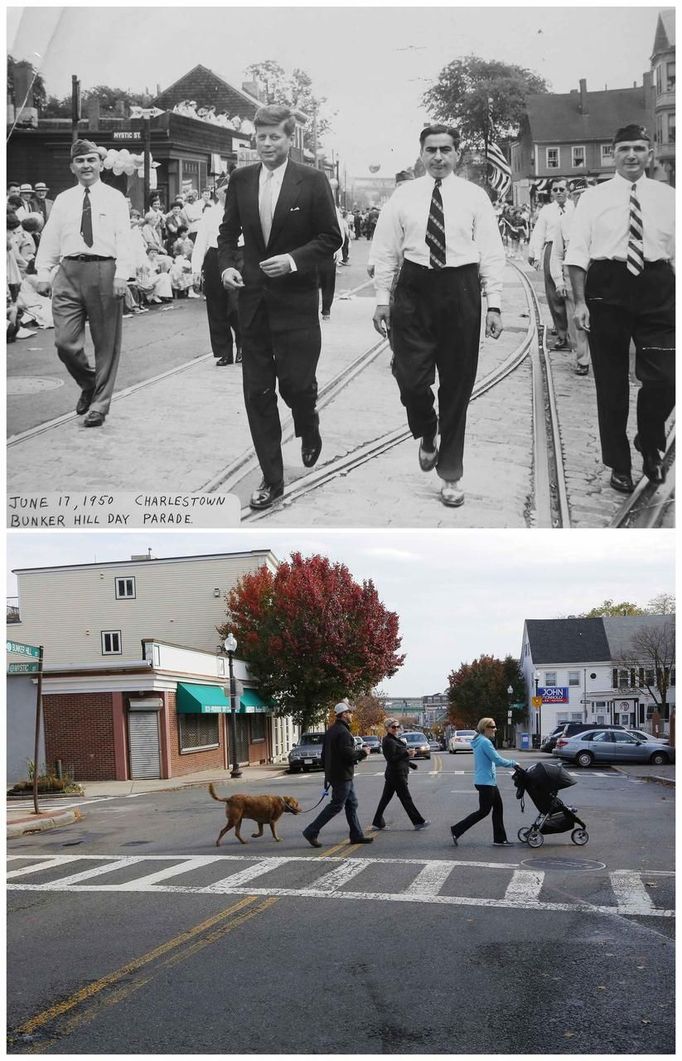 A combination photo shows former U.S. President John F. Kennedy marching in a 1950 parade and the same spot today in Massachusetts