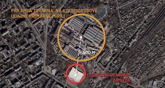Mapa místa v ukrajinském Kremenčuku, kam dopadly ruské rakety
