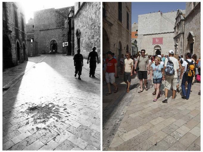 A combination picture showing a Stradun, a street in Dubrovnik city, during 1991 (L) and with tourists in 2012. The medieval city of Dubrovnik on the Adriatic coast was shelled by Serb-dominated Yugoslav troops during Croatia's 1991-95 war of independence. REUTERS/Antonio Bronic (CROATIA - Tags: CIVIL UNREST CONFLICT) Published: Čec. 31, 2012, 2:49 odp.