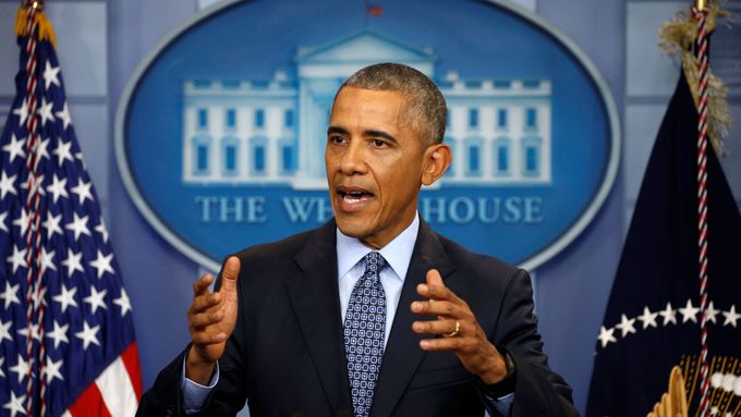 Barack Obama mluví na své poslední tiskové konferenci v Bílém domě ve středu 18. ledna 2017.