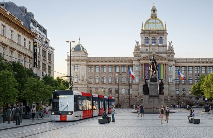 Vizualizace tramvajové trati na Václavském náměstí.