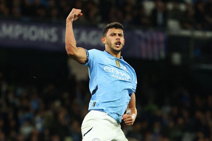 Soccer Football - Champions League - Manchester City v Sparta Prague - Etihad Stadium, Manchester, Britain - October 23, 2024 Manchester City's Matheus Nunes celebrates s