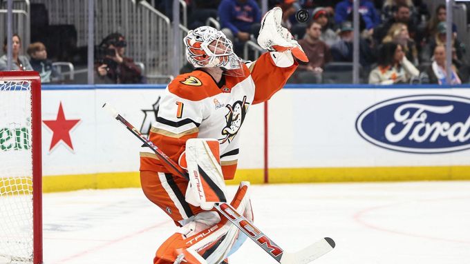 Brankář Anaheimu Lukáš Dostál v duelu s New York Islanders