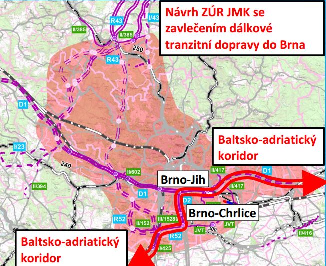 ZÚR Jihomoravského kraje v Brně. Červeně je vyznačená oblast, která bude spadat do územní studie.