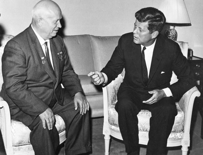 Former United States President John F. Kennedy (R) meets with Nikita Khrushchev, former chairman of the council of Ministers of the Soviet Union, at the U.S. Embassy residence in Vienna, Austria in this June 1961 handout image.