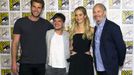 Director of the movie Lawrence poses with cast members Lawrence, Hutcherson and Hemsworth at a press line for &quot;The Hunger Games: Mockingjay - Part 2&quot; during the