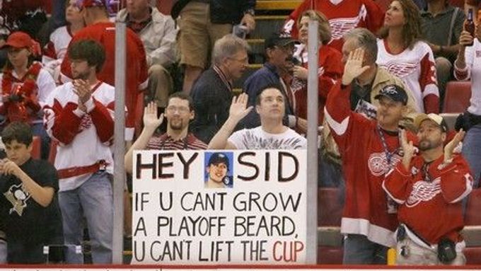Když ti nemůže růst playoffový vous, nemůžes ani zvednout pohár! Vzkazuje fanoušek Detroitu Sidneymu Crosbymu a naráží na nedostatek zkušeností Pittsburghu.