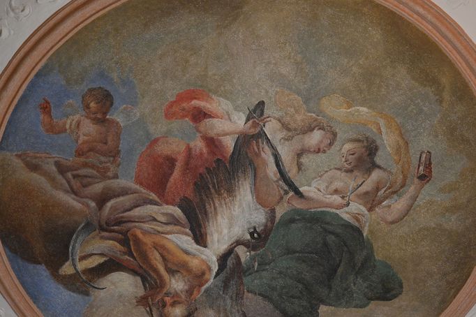 Freska Chronos s kosou Františka Řehoře Ignáce Ecksteina ve zrekonstruovaných prostorách Knihovny Jiřího Mahena.