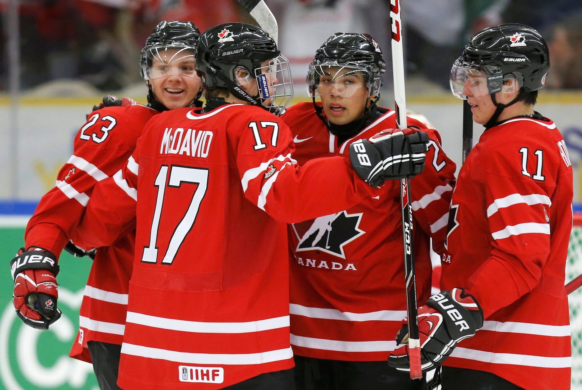Canada's Reinhart celebrates his goal against the Czech Republic with teammates McDavid, Horvat and Dumba during the first period of their IIHF World Junior Championship ice hockey game in Malmo