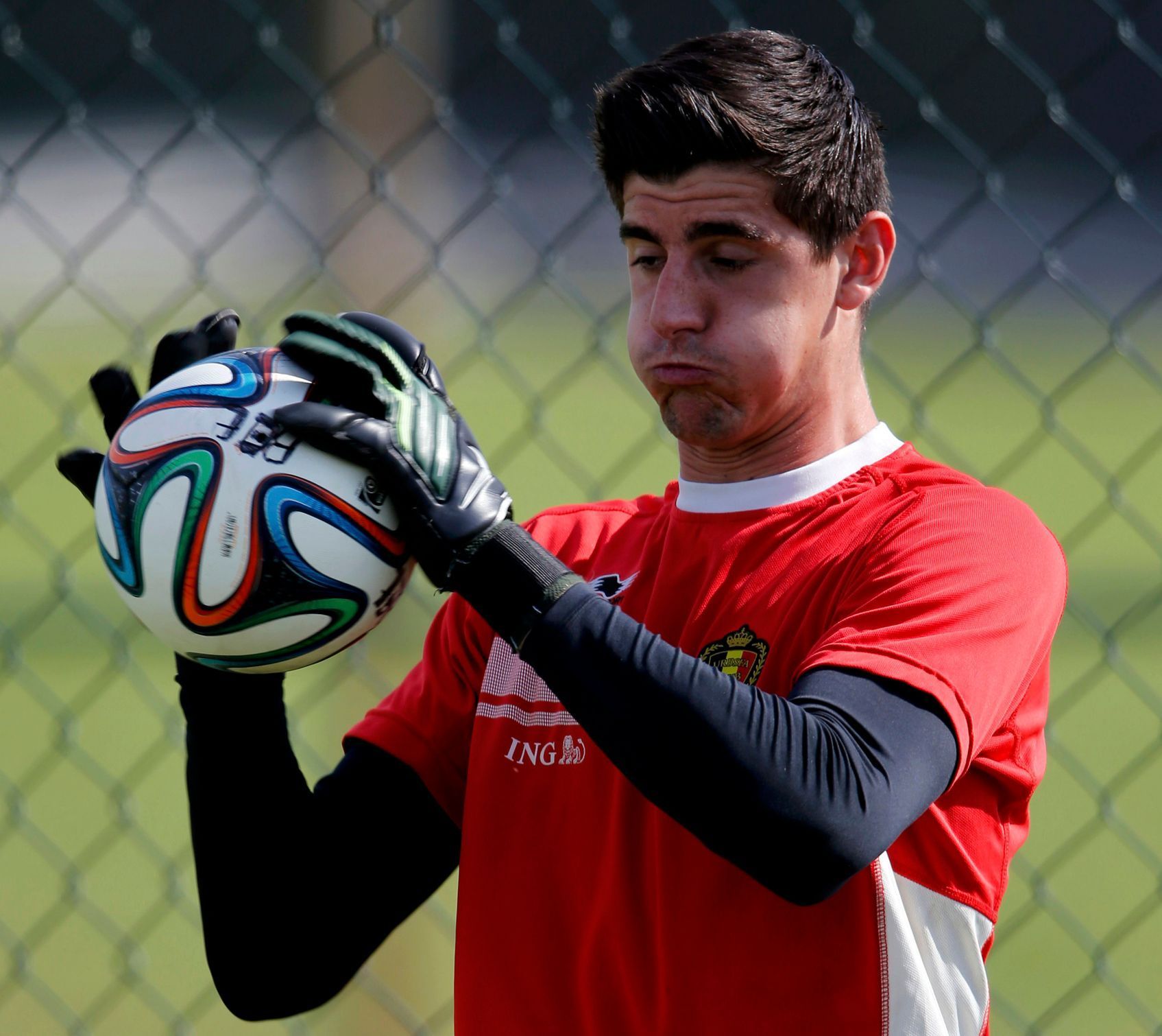 Belgium's national goalkeeper Courtois attends a training session in Mogi das Cruzes