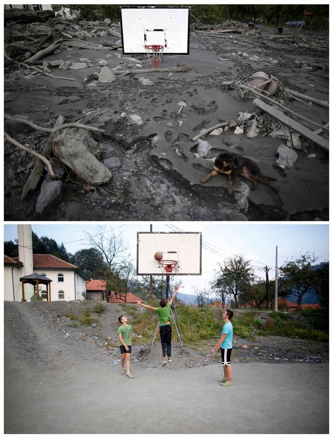 Bosna povodně 2014. Pes ležící na naplaveninách u zničeného basketbalového hřiště - 20.května 2014 (nahoře). Stejné místo po povodních vyfotografováno 8.října 2014.