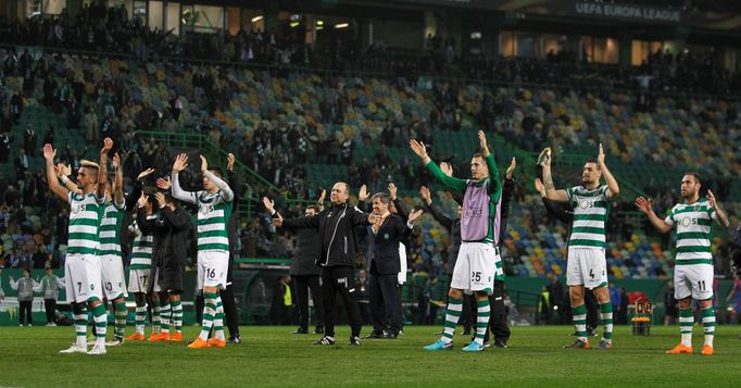 fotbal, Evropská liga 2017/2018, Sporting Lisabon - Viktoria Plzeň, radost hráčů Sportingu