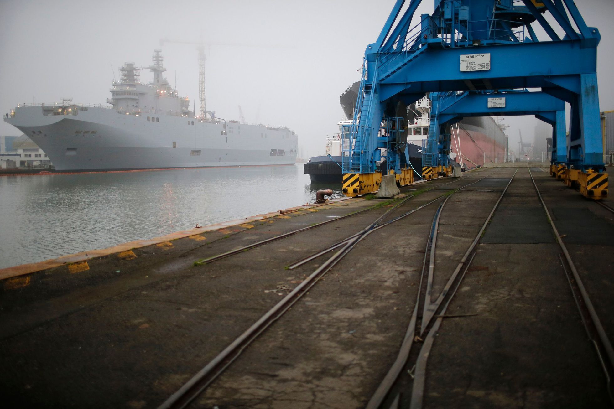 The Mistral-class helicopter carrier Sevastopol is seen at the STX Les Chantiers de l'Atlantique shipyard site in Saint-Nazaire
