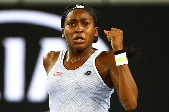 Tennis - Australian Open - First Round - Melbourne Park, Melbourne, Australia - January 20, 2020 Cori Gauff of the U.S. celebrates during the match against Venus Williams