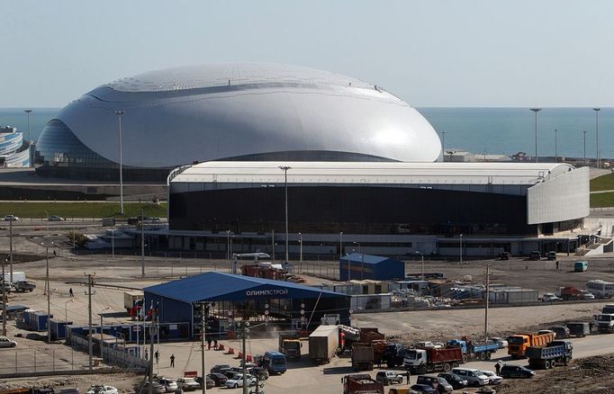 Construction of Olympic facilties in Sochi's Olympic Park 1434830 Russia, Sochi. 04/03/2013 CThe Bolshoi Ice Palace and the Ice Cube curling center, front, in Sochi's Olympic Park.