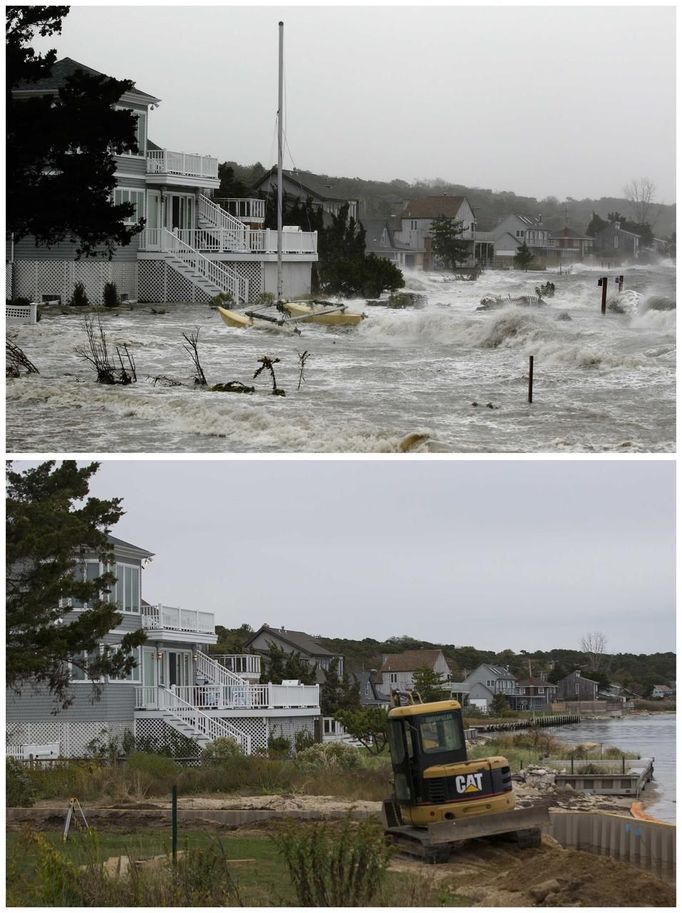 Hampton Bays, New York 29. října 2012 (nahoře) a 23. října 2013.