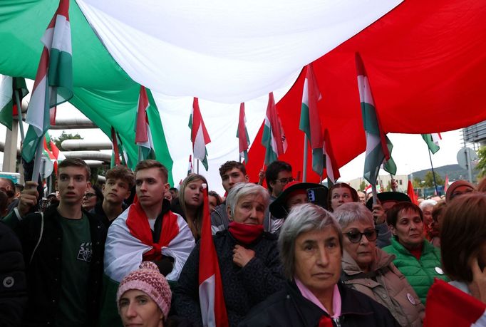 Protest v Budapešti organizovaný opoziční stranou Respekt a svoboda 5. října 2024