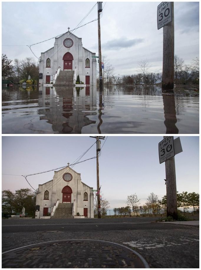 Staten Island 1. listopadu 2012 (nahoře) a 22. října 2013.