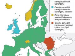 Do Schengenu patří 22 zemí EU, vedle Rumunska a Bulharska chybí Kypr, Británie a Irsko.