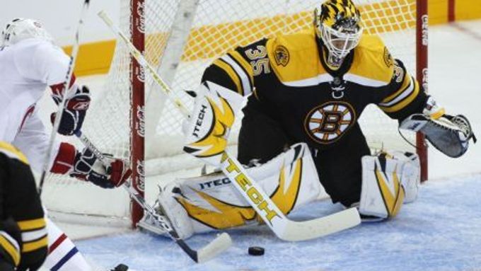 český útočník překonává v přípravném utkání proti Bostonu Bruins podruhé brankáře Mannyho Fernandese