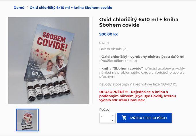 Bělidlo a návod, jak s ním údajně léčit covid. Balíček, který sociální demokrat Kořínek nabídl na svém e-shopu.