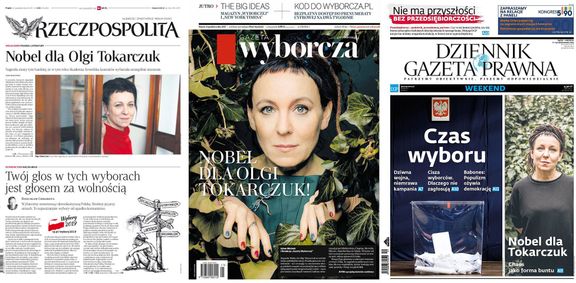 Olga Tokarczuková na pátečních titulních stránách polských deníků.