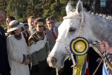 The spell is broken. Sixteen was the first white horse in seven decades to win the race. Princess Anne in the background enjoys the company of the First Lady Lívia Klausová.