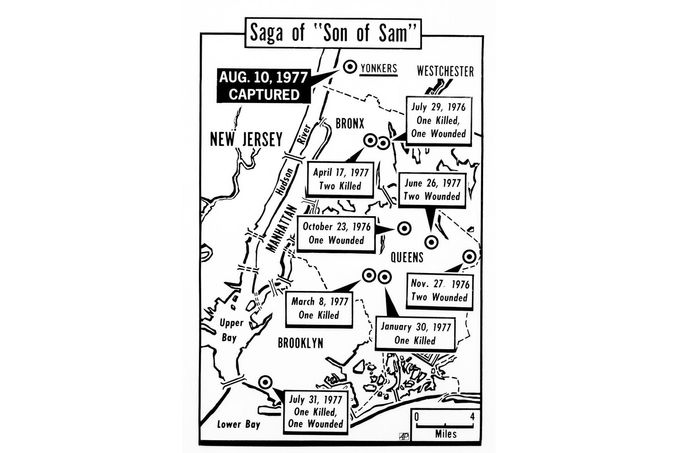 Mapa útoků „Syna Sama“ v New Yorku, 1976–1977. Zobrazuje osm míst, kde David Berkowitz zabil šest lidí a další zranil.
