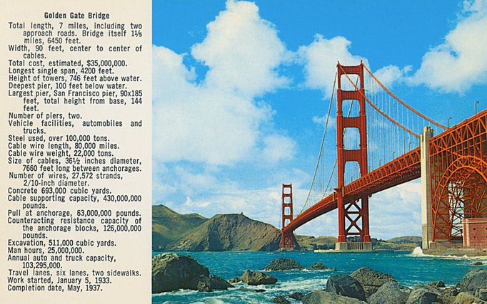 Dobová tiskovina z roku 1937, ukazující technické parametry dokončené stavby visutého mostu Golden Gate Bridge.