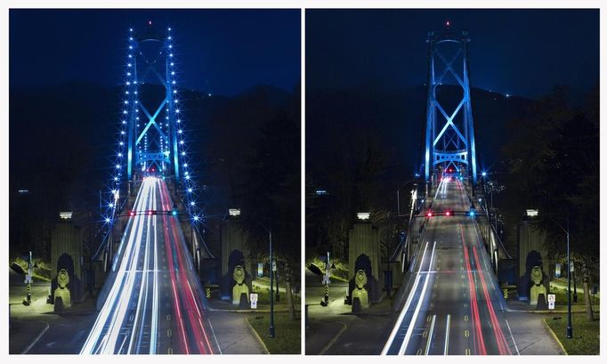 Lions Gate Bridge ve Vancouveru - před a během zhasínání