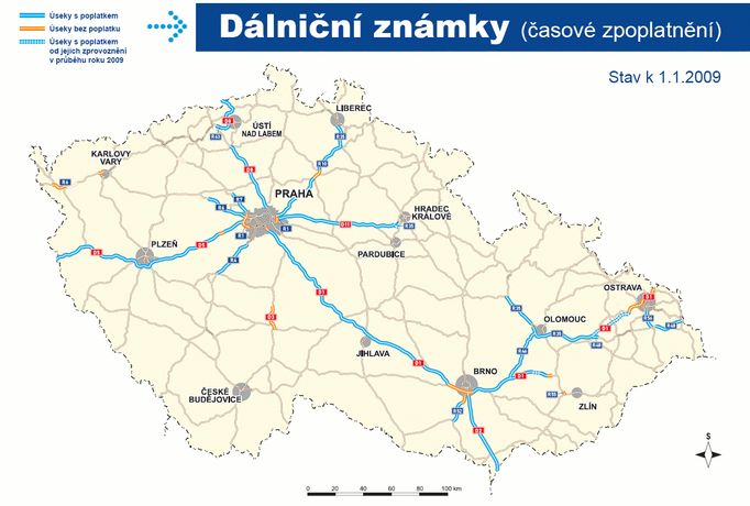 Mapa úseků s povinnou dálniční známkou