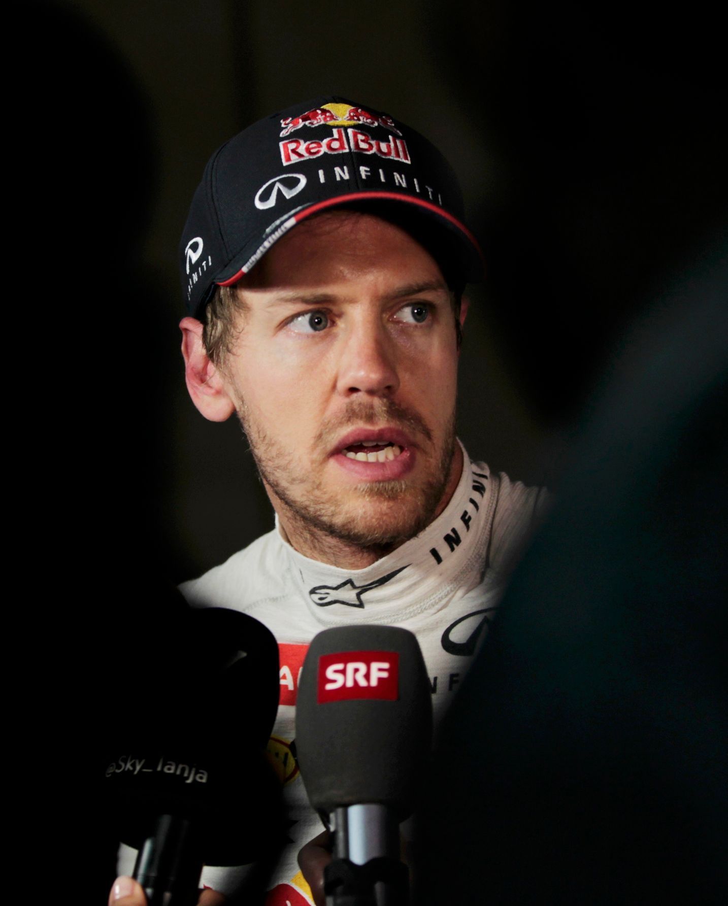 Red Bull Formula One driver Sebastian Vettel of Germany speaks during a news conference after the qualifying session of the Bahrain F1 Grand Prix at the Bahrain International Circuit (BIC) in Sakhir