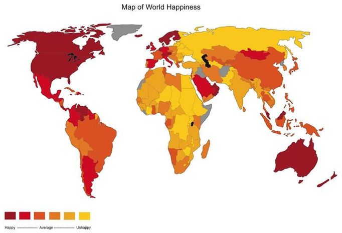 Mapa světa podle životní spokojenosti obyvatel - čím tmavší barva, tím jsou šťastnější.