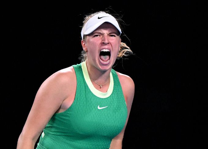 Tennis - Australian Open - Melbourne Park, Melbourne, Australia - January 15, 2024 Czech Republic's Linda Fruhvirtova reacts during her first round match against Brazil's