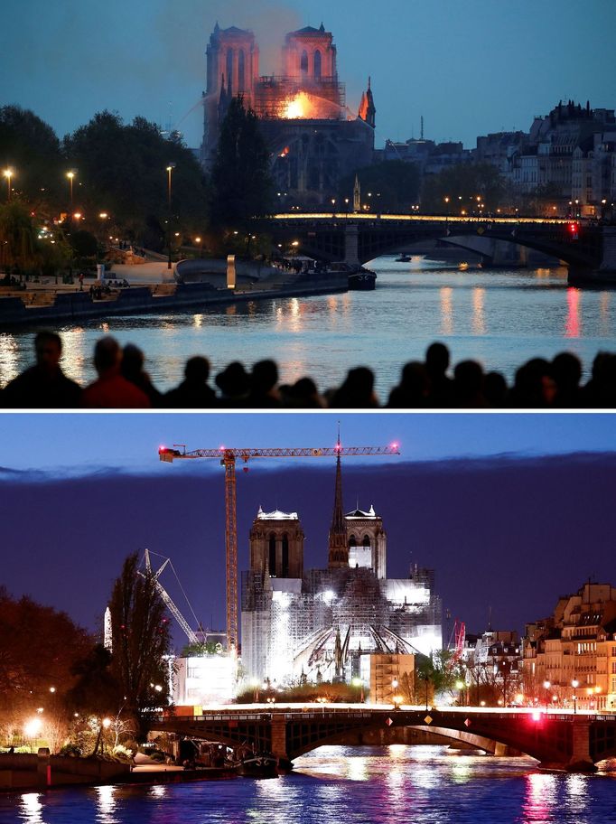 A combination picture shows people watching as firefighters dousing flames of the burning Notre-Dame Cathedral in Paris, France, April 15, 2019 (top) and a general view o