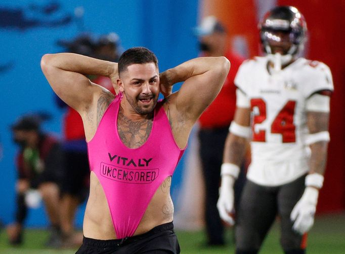 NFL Football - Super Bowl LV - Tampa Bay Buccaneers v Kansas City Chiefs - Raymond James Stadium, Tampa, Florida, U.S. - February 7, 2021 A man invades the field during t